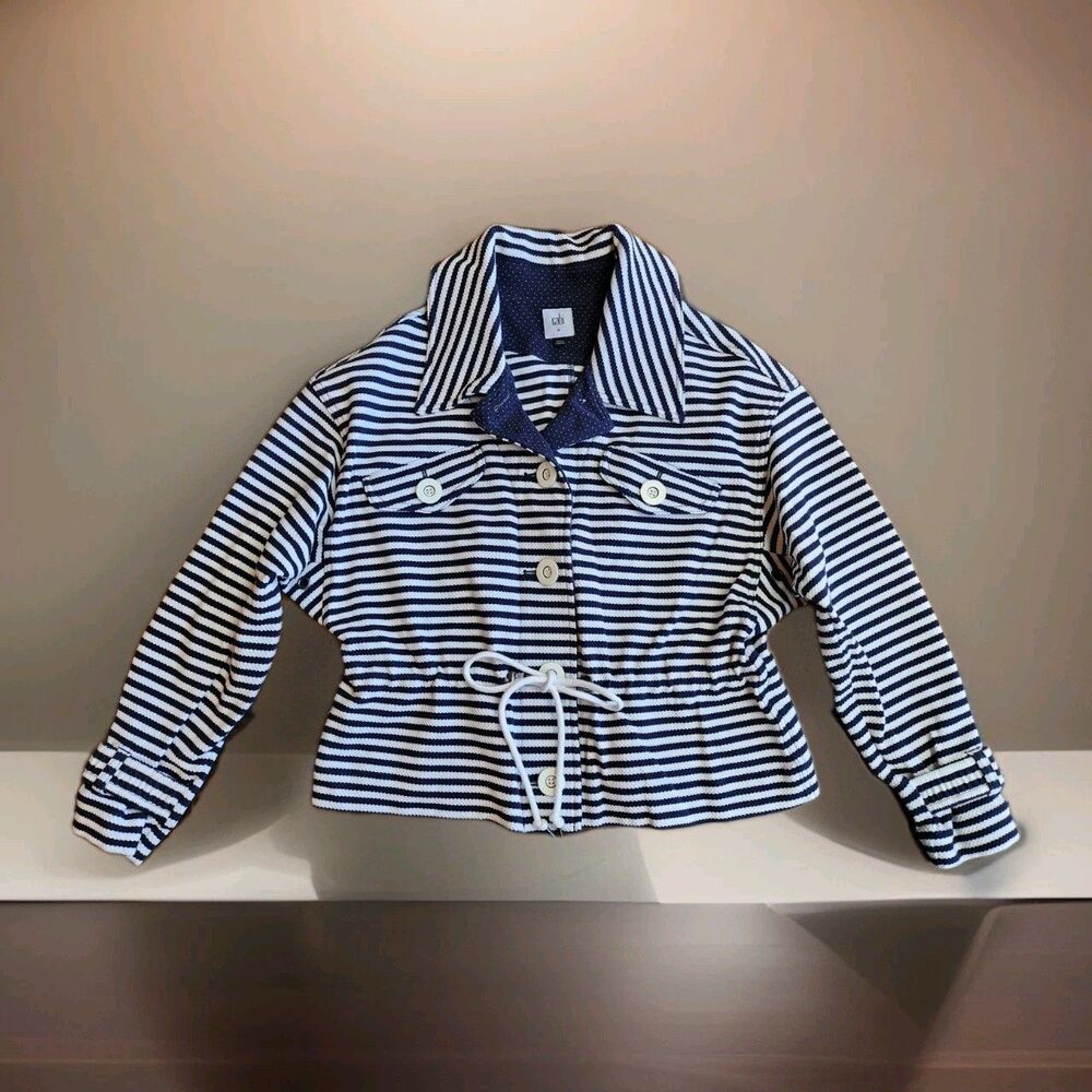 CAbi Jacket Women's Navy Blue White Striped Nautical Harbour Drawstring Sz M